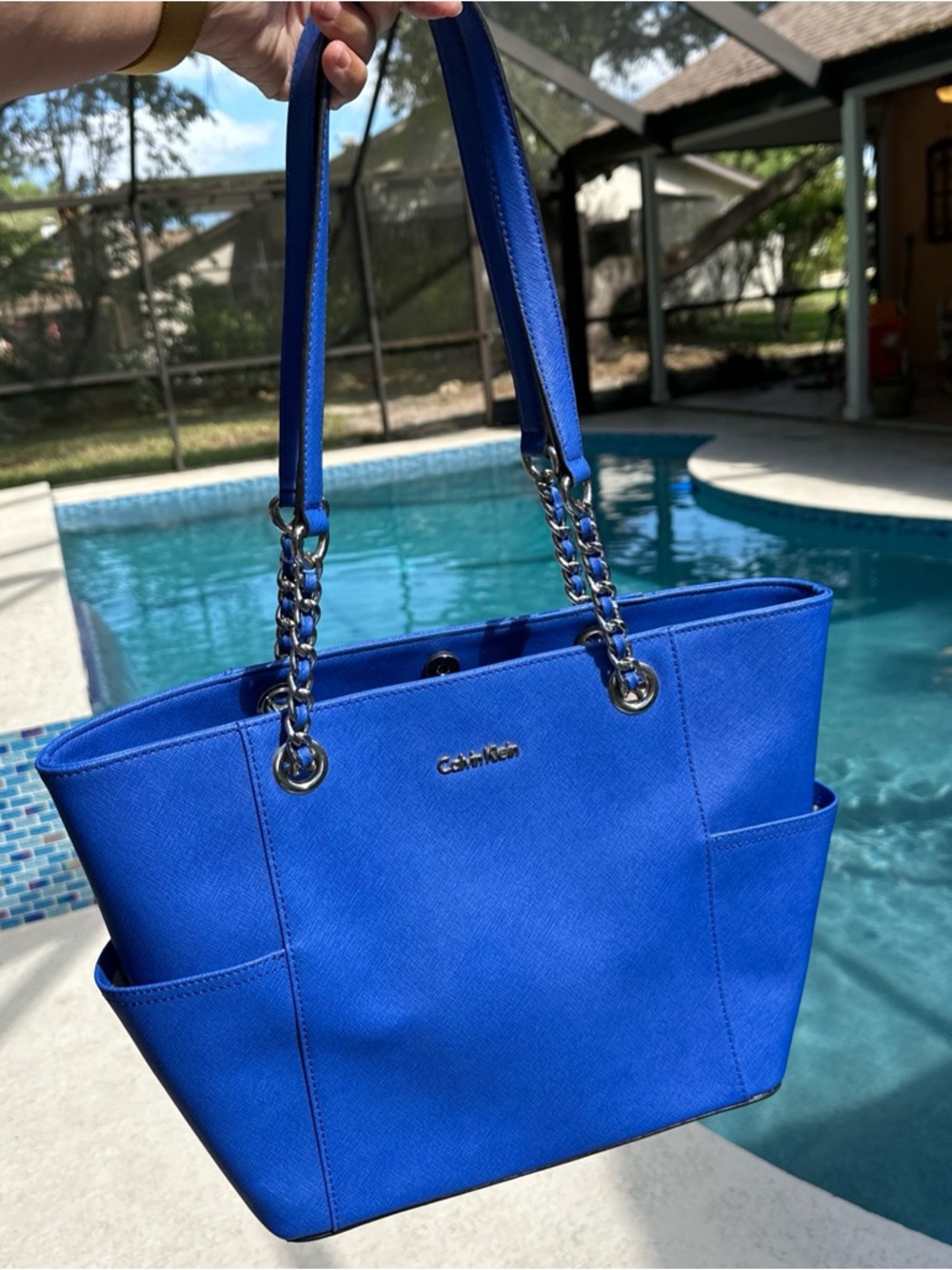 Calvin Klein Shoulder Bag Roya Blue Leather Tote Hayden Saffiano Aprox. 12“ Drop